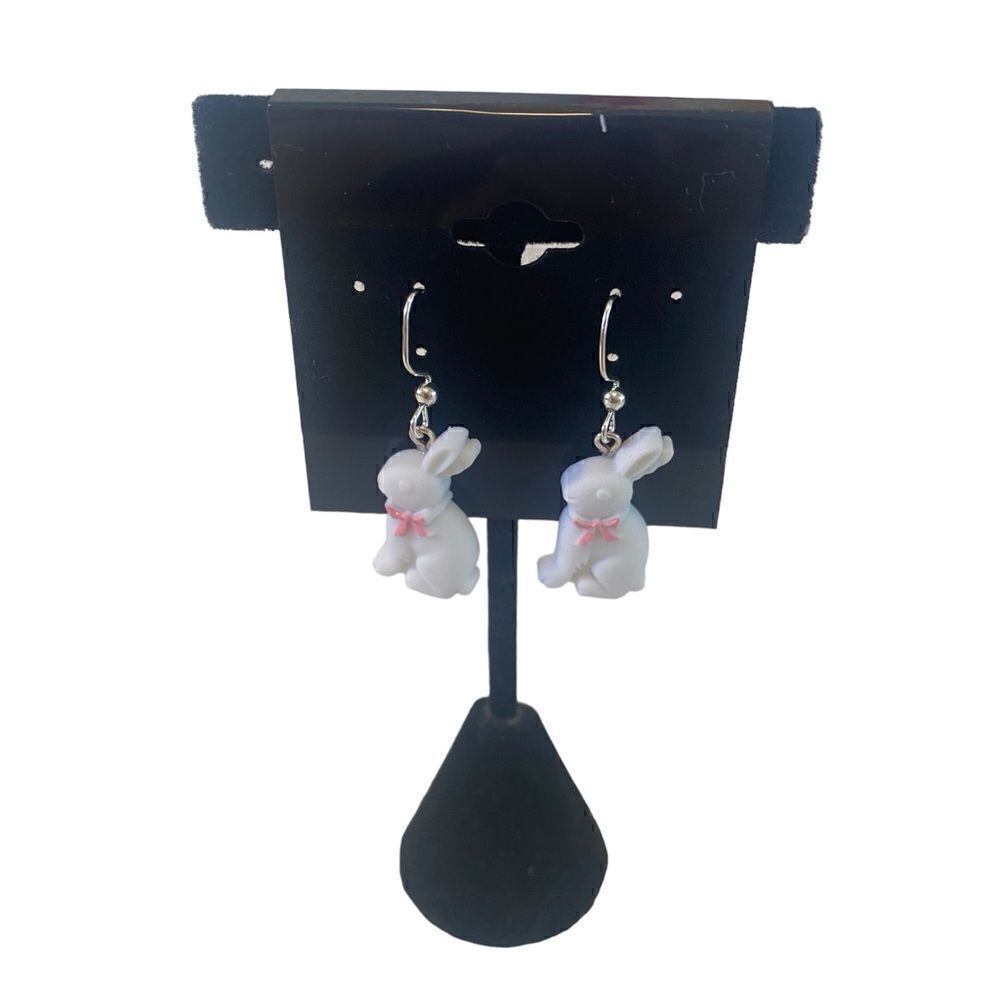 White Chocolate Bunny Dangly Earrings w/Pink Tie.